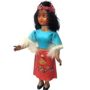 7" Vintage Native American Doll with Fur, Beaded Leather Clothes & Shoes